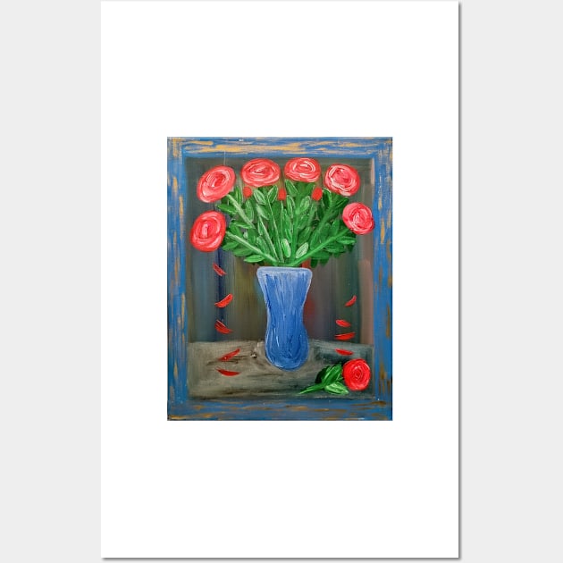 Red roses In blue boarder Wall Art by kkartwork